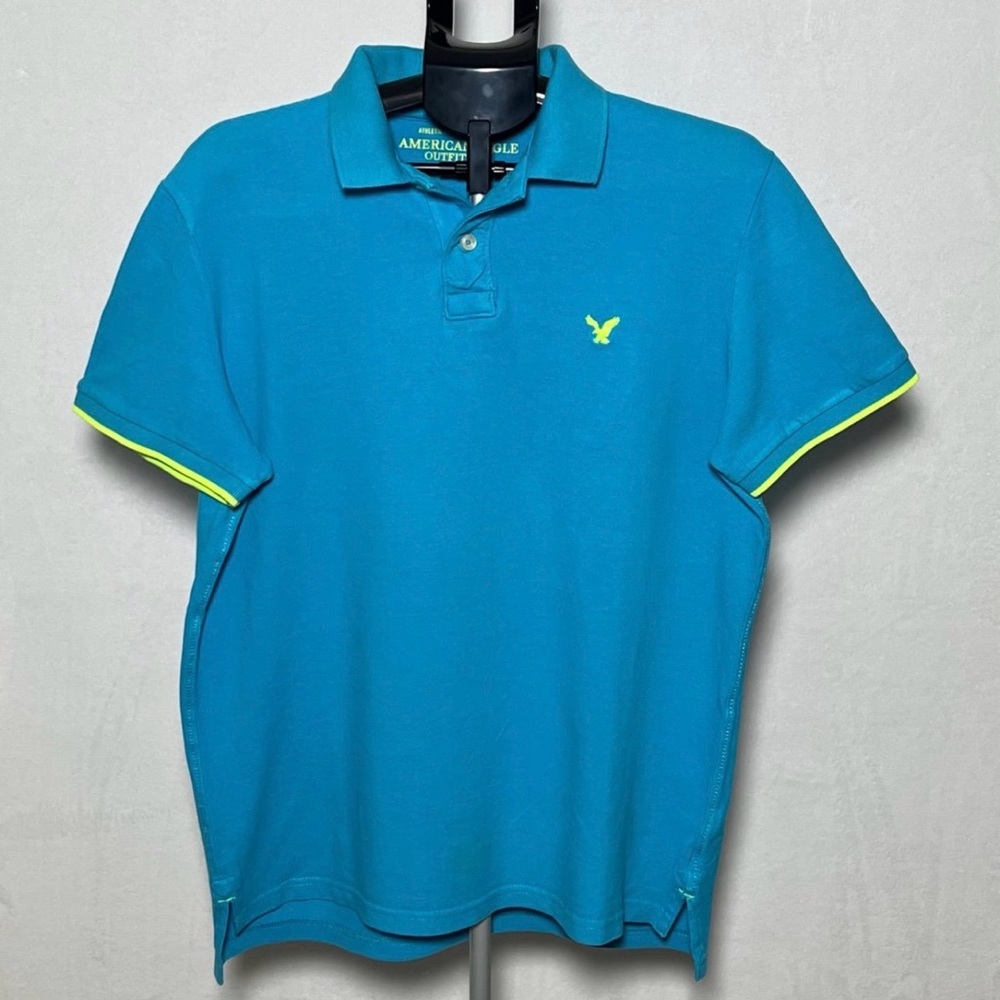 AMERICAN EAGLE OUTFITTERS Men's Blue Teal Polo Shirt - 100% Cotton - size L